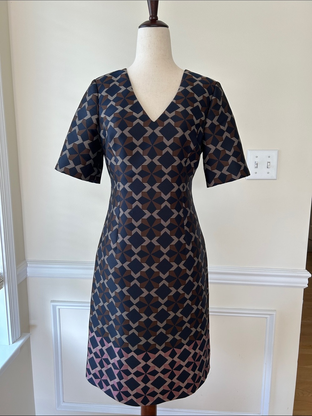 Brooks Brothers V-Neck Geometric Sheath Dress in Navy and Brown